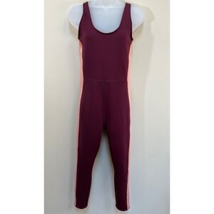 Fabletics Jumpsuit Women's Large Scuba 7/8 One Piece Yoga Maroon Pink Stripe